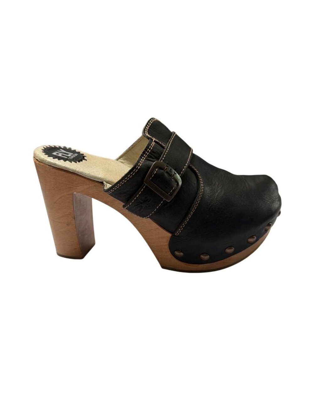 Fly London Black Leather Platform Wooden Clog Heels